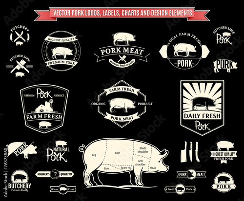 Vector Pork Logos, Labels, Charts and Design Elements