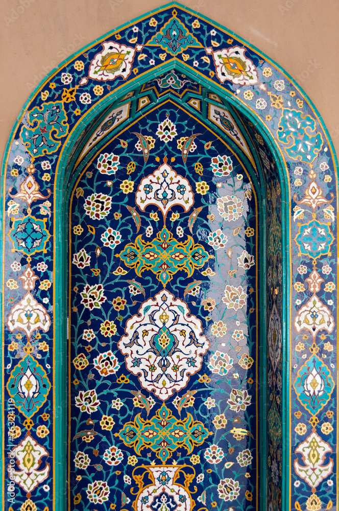 Blue Islamic mosaic tiles in mosque, Muscat, Oman