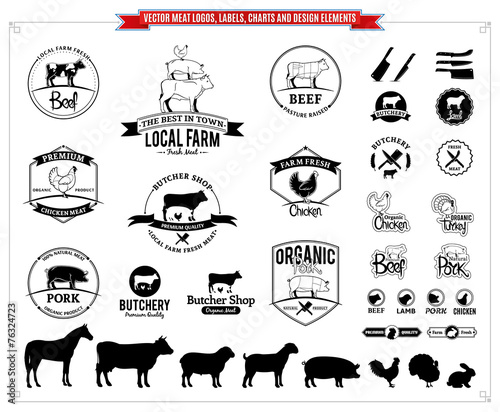 Vector meat logos, labels, charts and design elements