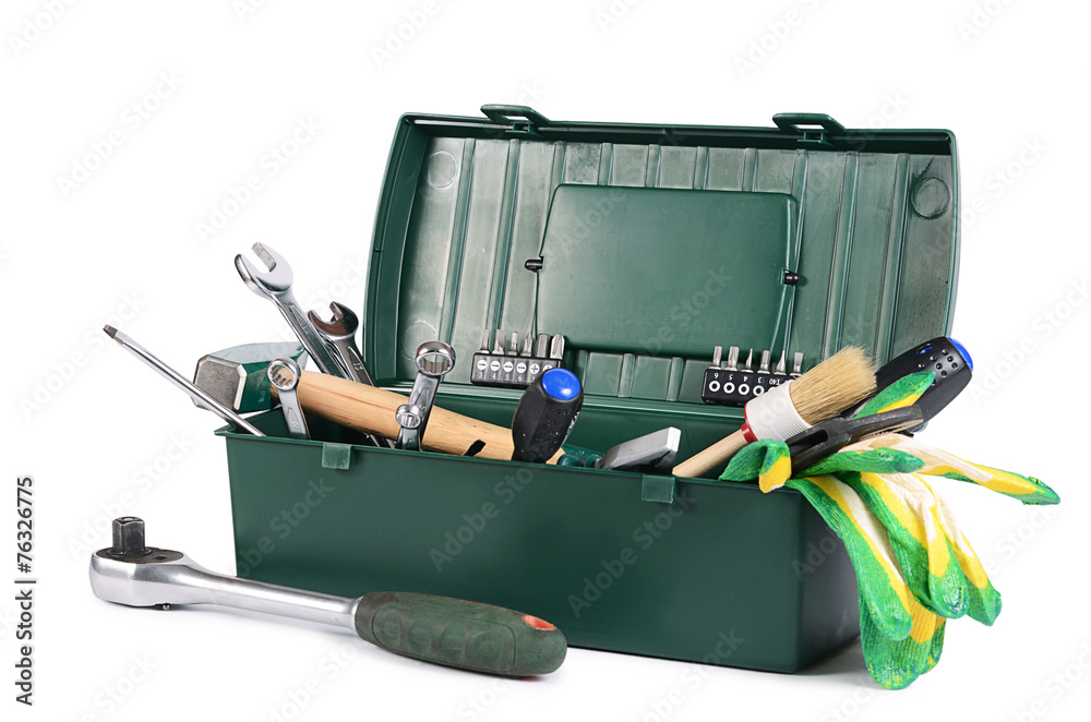 Box with construction tools isolated