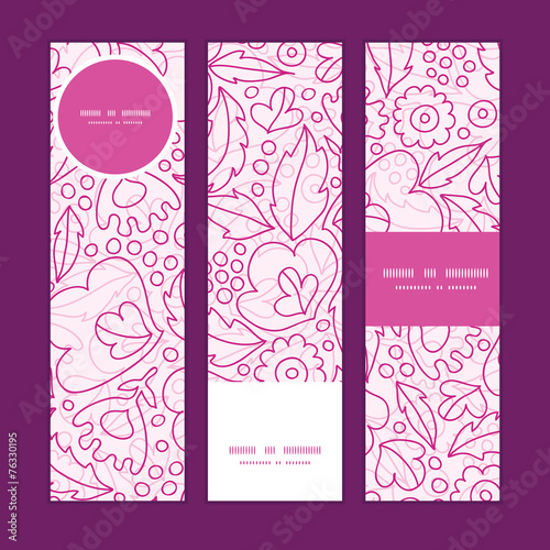 Vector pink flowers lineart vertical banners set pattern