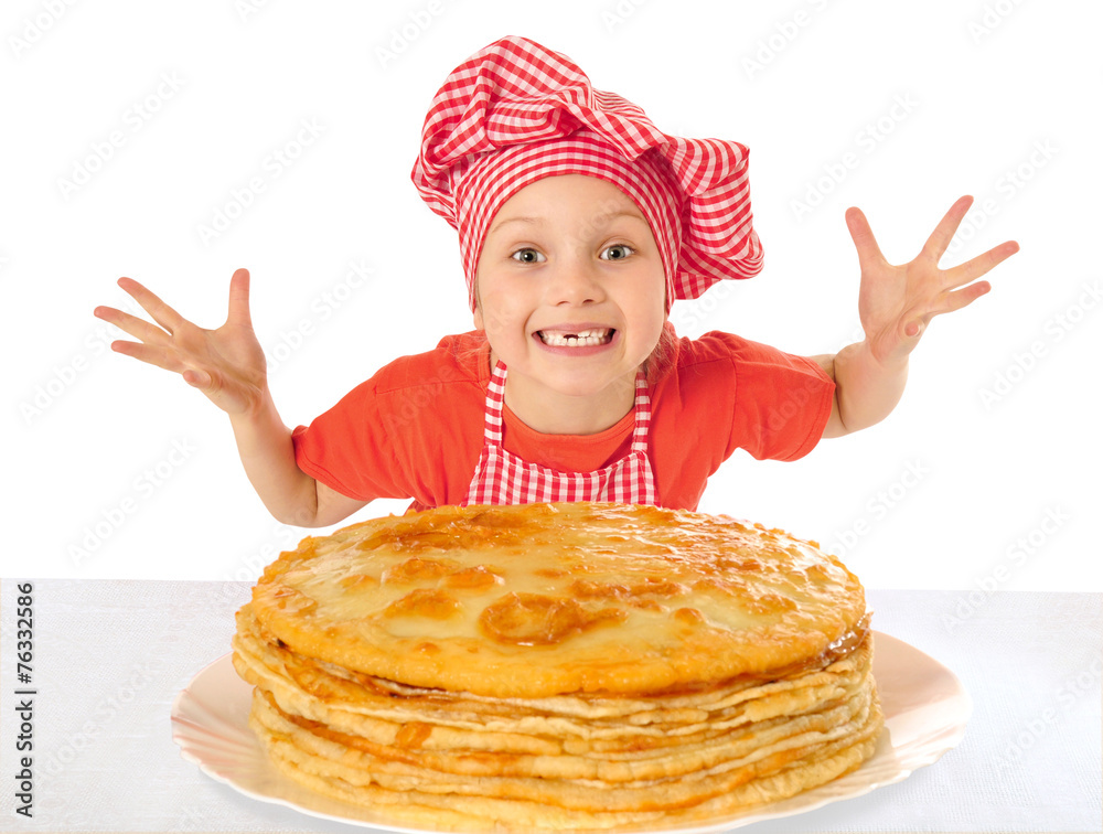 Happy beautiful little girl with pancakes Happy beautiful little girl with pancakes