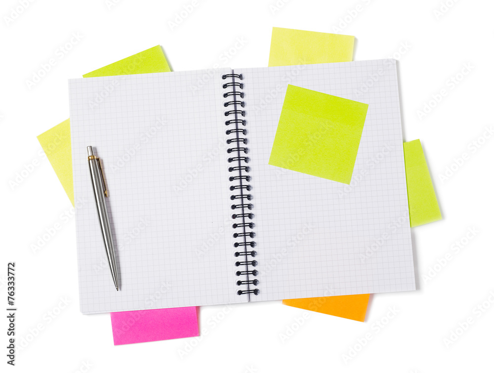 Notebook, adhesive notes and pen