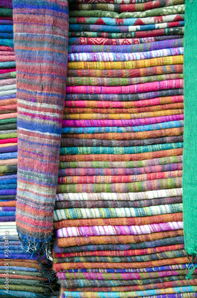 Colorful stacked fabric cloth in  big market, Kathmandu, Nepal