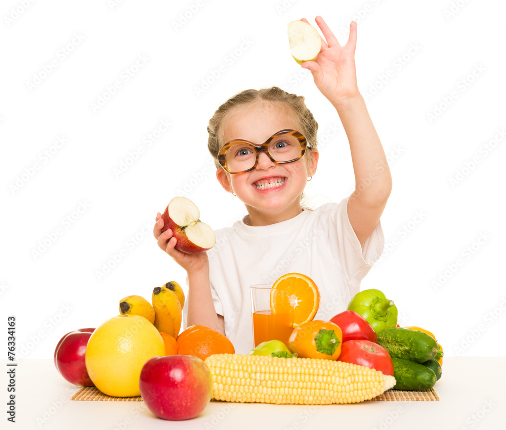little girl with apple, fruits and vegetables little girl with apple, fruits and vegetables