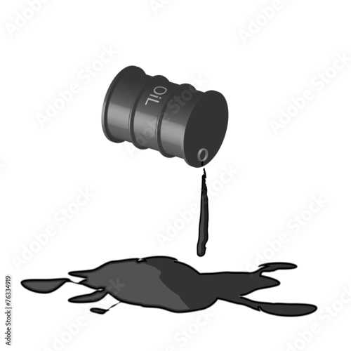Spilled oil pouring from the black barrel on white background.