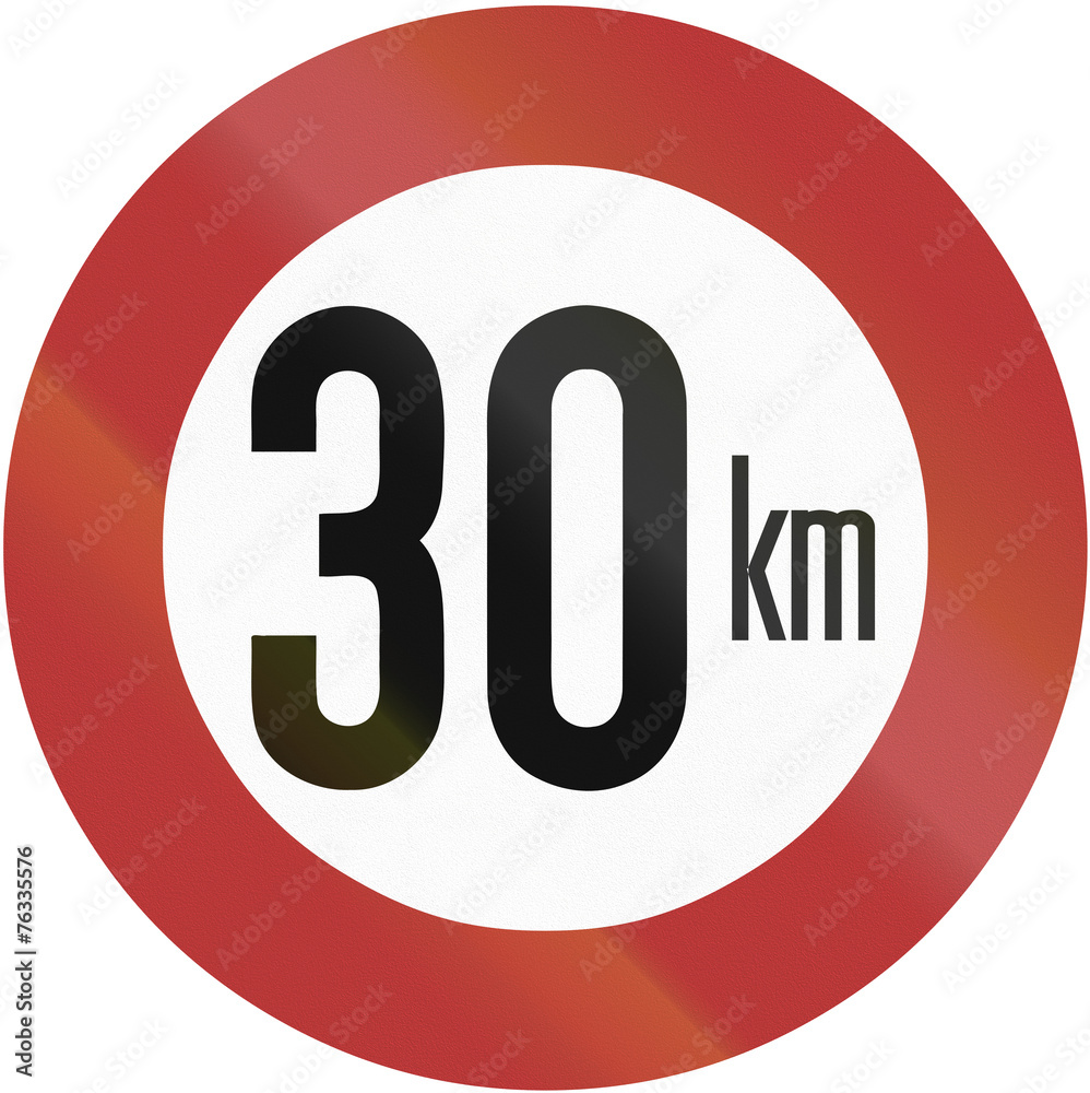 Old design (1956) of a German speed limit sign for 30 kilometers per hour Old design (1956) of a German speed limit sign for 30 kilometers per hour