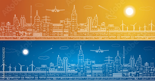 Lines city panorama, light town, airplane flies