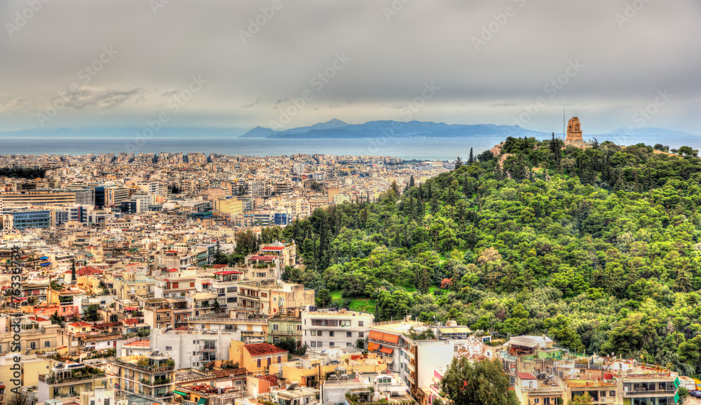 View of Philopappos Monument on Mouseion Hill in Athens, Greece