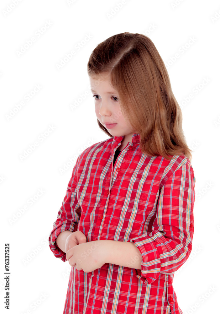 Sad little girl with red plaid shirt Sad little girl with red plaid shirt