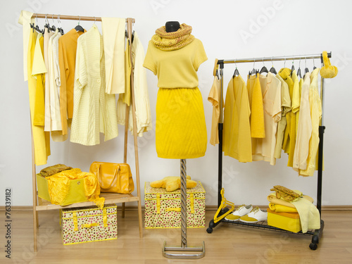 Dressing closet with yellow clothes and winter outfit on dummy.
