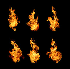 Fire flames collection isolated on black background
