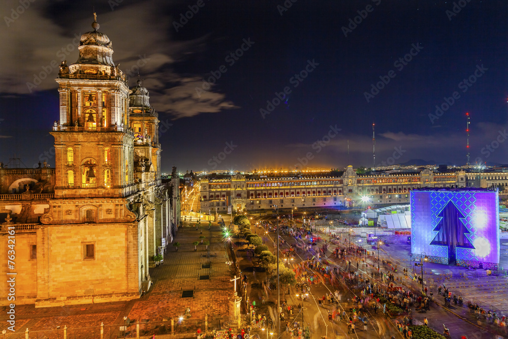 Metropolitan Cathedral Zocalo Mexico City Christmas Night