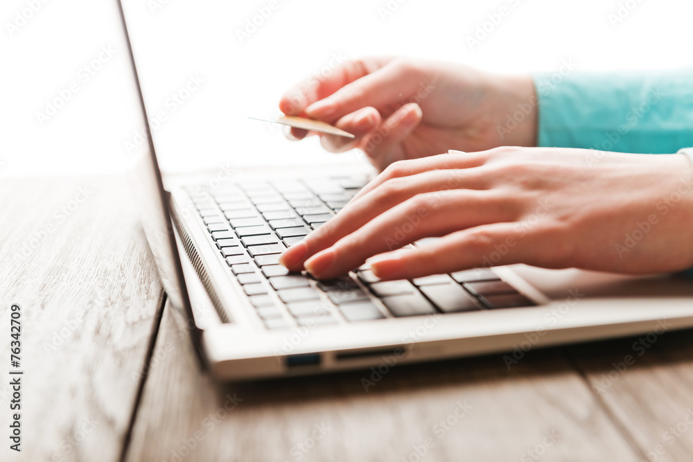 Female hands with credit card during shopping through Internet Female hands with credit card during shopping through Internet