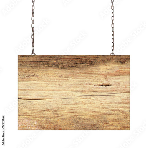 Wood sign from a chain isolated on white