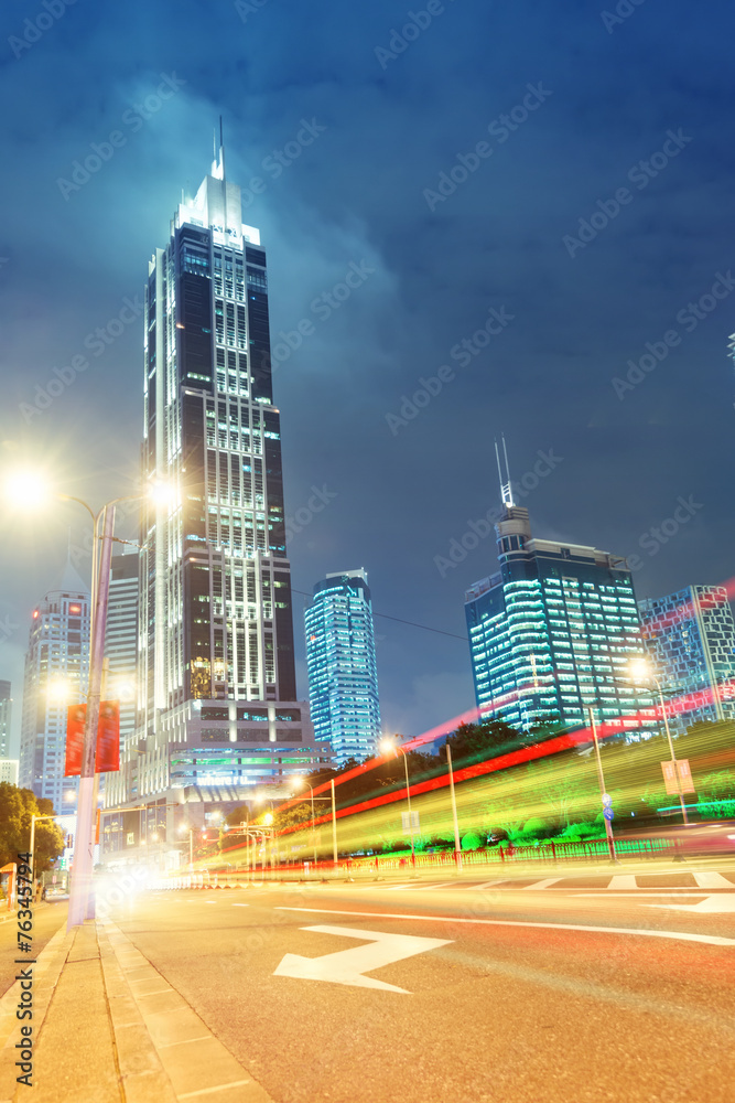 the light trails on the modern building background in shanghai 