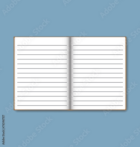 Open notebook with white lined pages, vector illustration