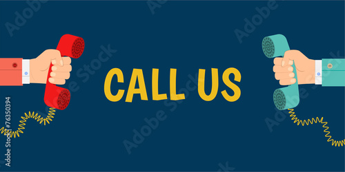 call us, hand holding a telephone receiver, flat design
