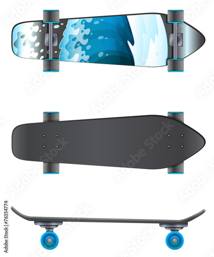 A top and side view of a skating board