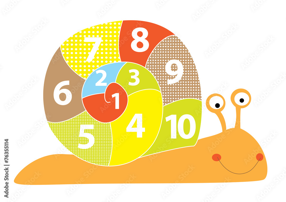 smiling snail with digits 1-10, vector illustration