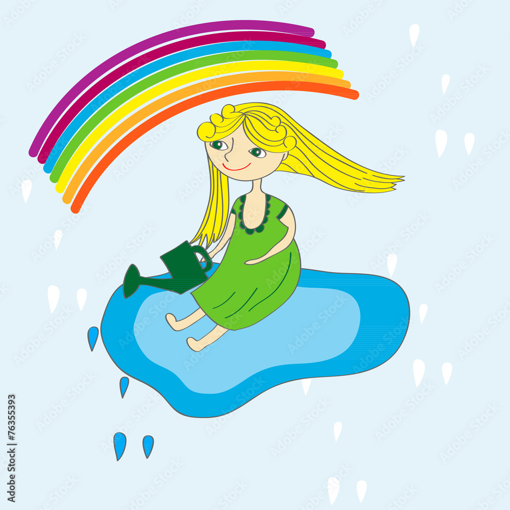 Little girl on the sky and rainbow