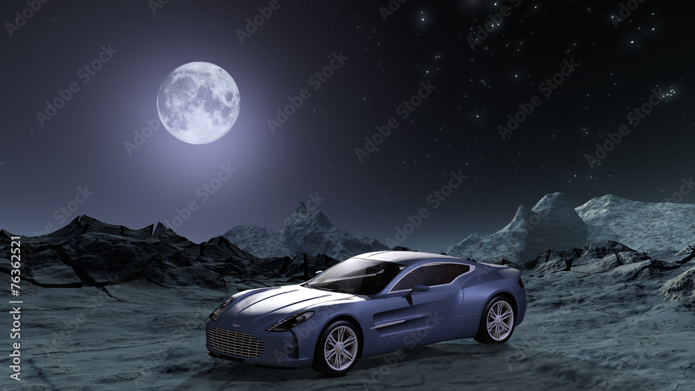 Sportwagen in futuristischer Landschaft bei Mondlicht.