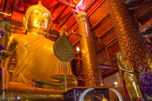 Big golden Buddha statue in temple at Wat Panan Choeng photo