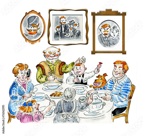Family dinner table comic illustration