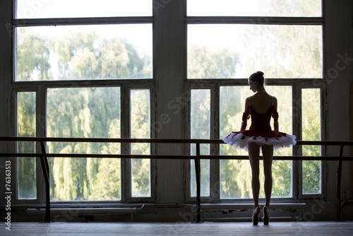 Elegant young ballerina standing near a large window in a dance