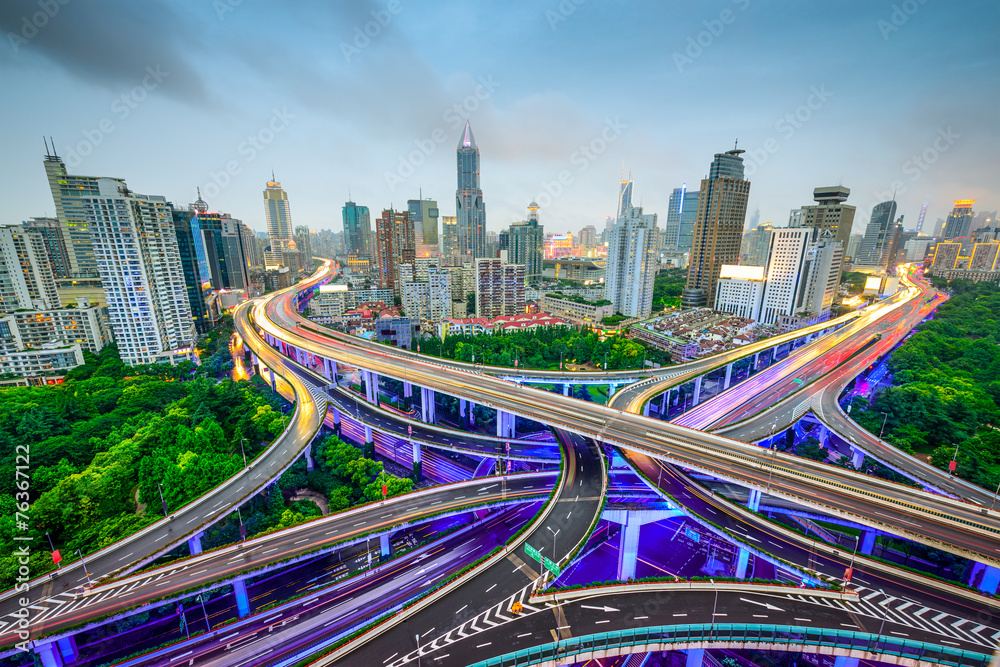 Fototapeta premium Shanghai, China Skyline over Highways and Junctiongs