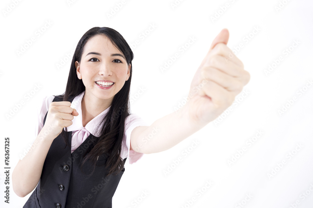 白バック 金融系OL 応援するポーズと笑顔