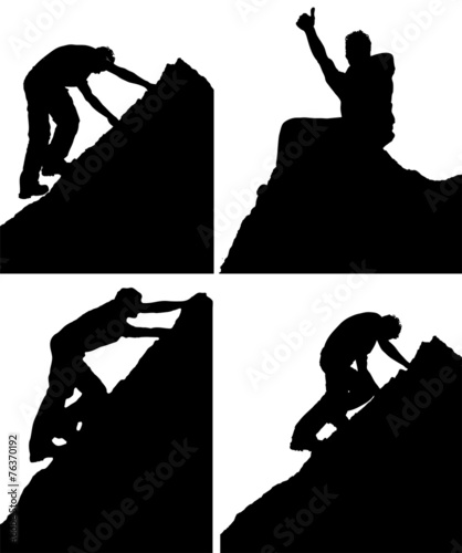 Set of four silhouettes of a man climbing a rock