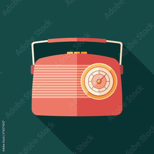 Red vintage radio flat square icon with long shadows.