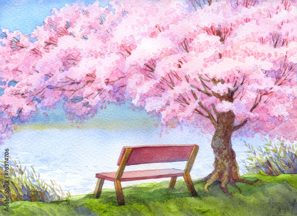 Fototapeta premium Watercolor landscape. Bench by river under flowering peach tree