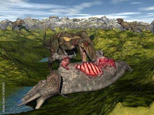 Nanotyrannus eating triceratops dinosaur - 3D render photo