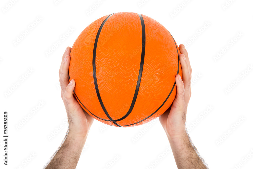 Two hands holding a basketball over white