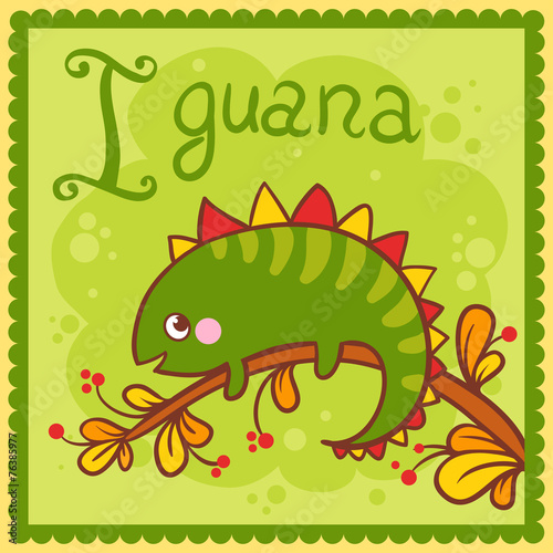 Illustrated alphabet letter I and iguana.