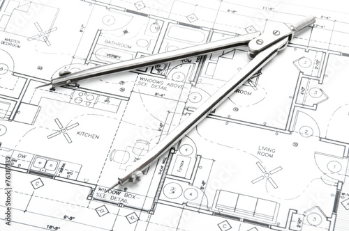 Naklejka na okno łazienkowe Construction blueprints and drawing instruments on the worktable
