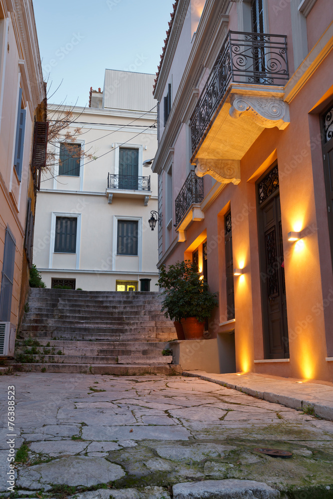 Evening streets of Plaka in centre of Athens, Greece.
