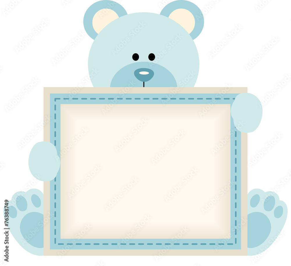 Cute teddy bear holding blank sign for baby boy announcement