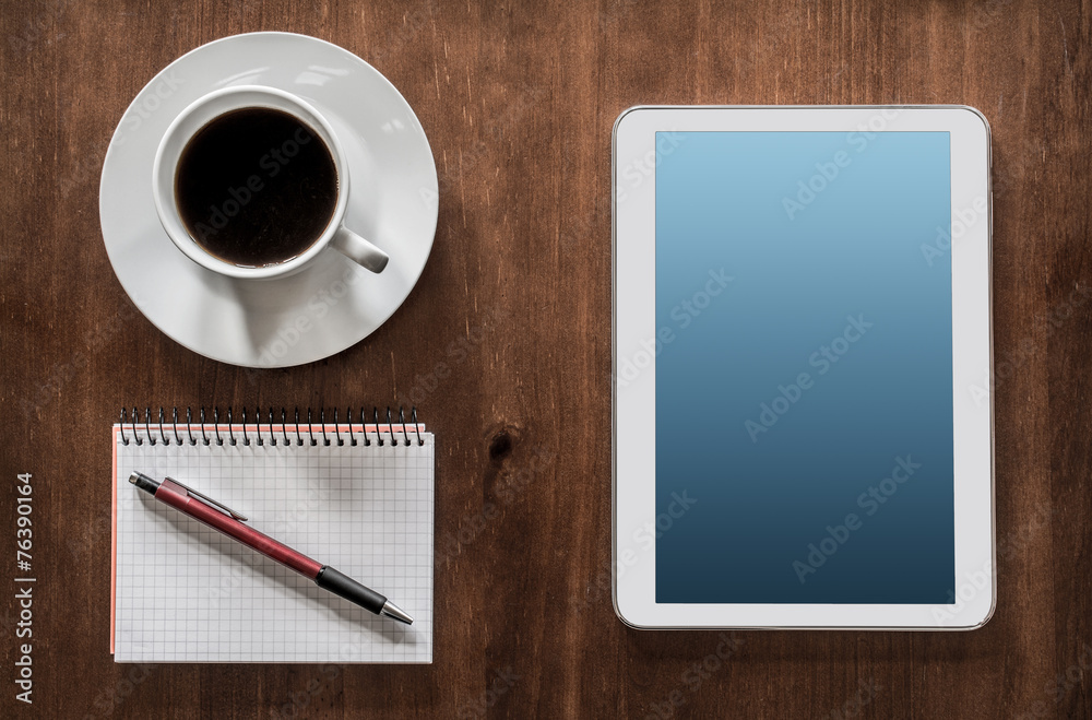 Business Work With Tablet, Coffee And Notepad Business Work With Tablet, Coffee And Notepad