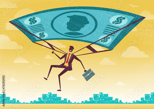 Businessman uses his Financial Dollar Bill Parachute.