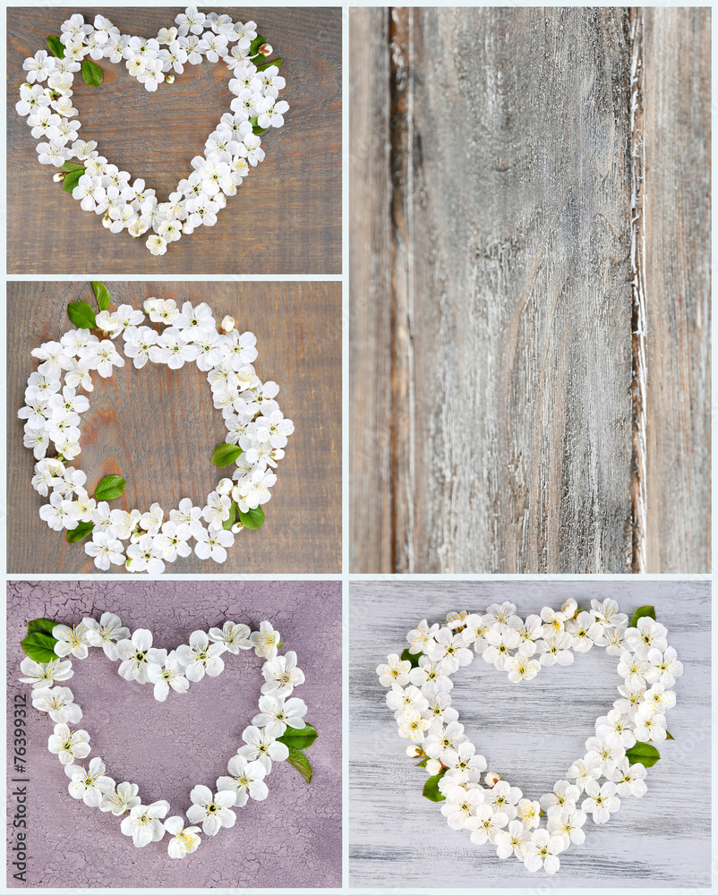 Collage of photos with flowers on wooden background