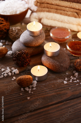 Composition of spa treatment on wooden background