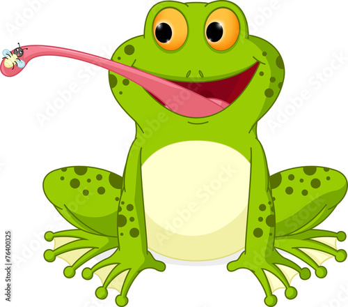 Happy frog cartoon catching fly
