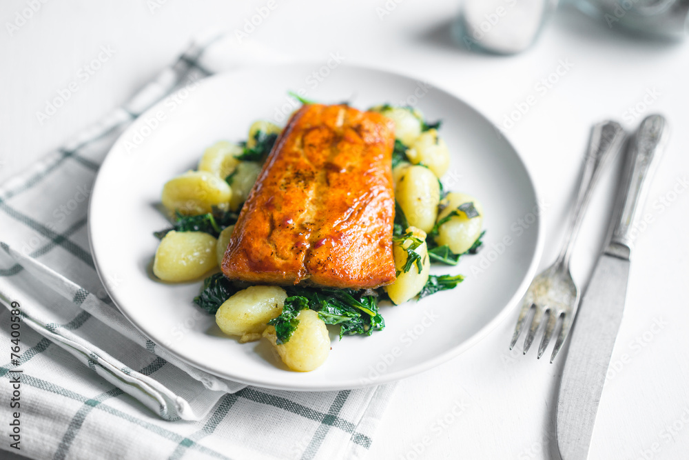 Grilled salmon with gnocchi and greens Grilled salmon with gnocchi and greens