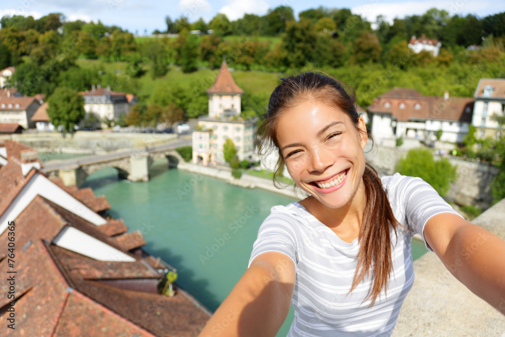 Travel selfie by woman in Bern Switzerland