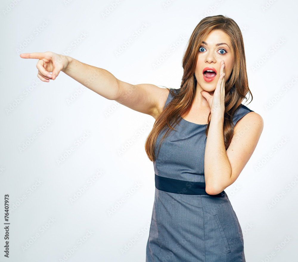 business woman portrait with finger pointing. screaming woman business woman portrait with finger pointing. screaming woman