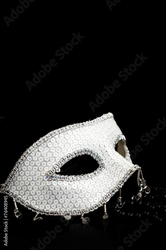 Silver glittering mask and black pearls