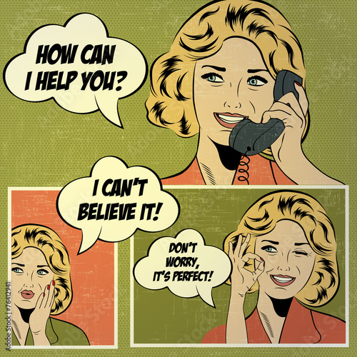 Illustrations for comic books with retro woman in pop art style